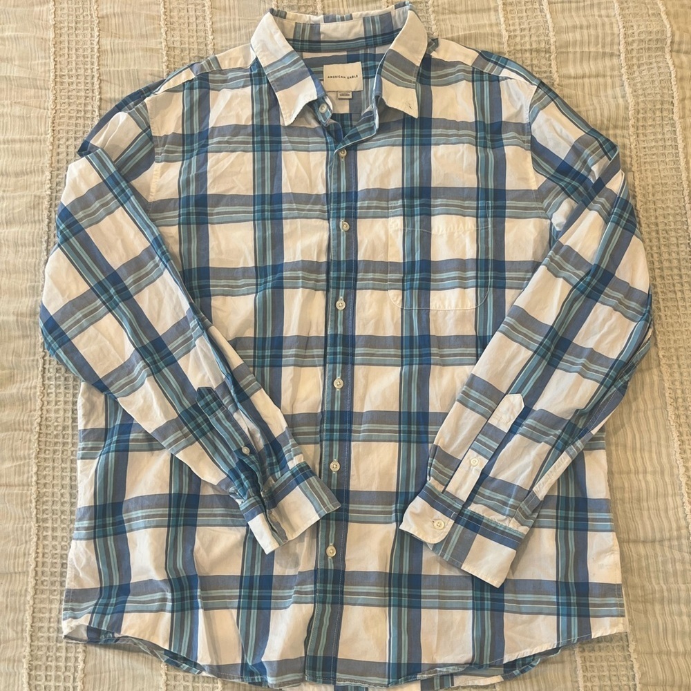 American‎ Eagle Men’s XXL Blue White Plaid Button Down Shirt